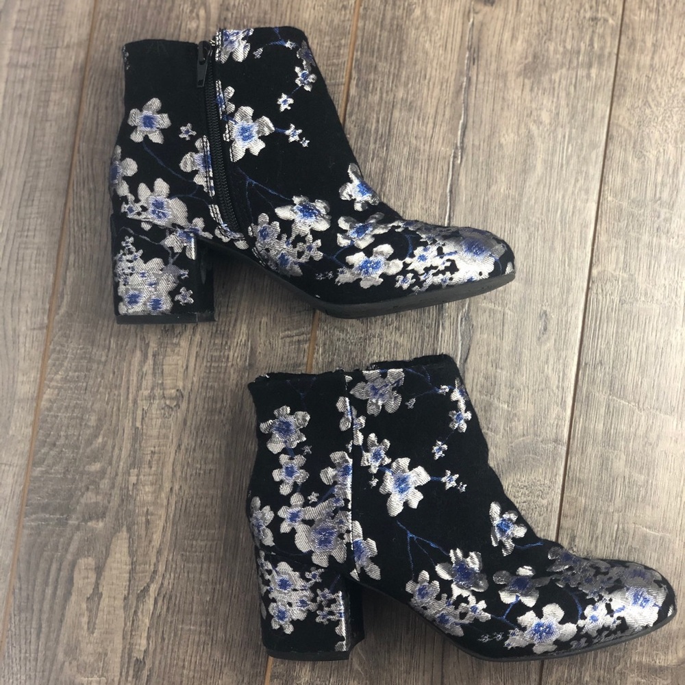 Black Ankle Bootie with Floral Design